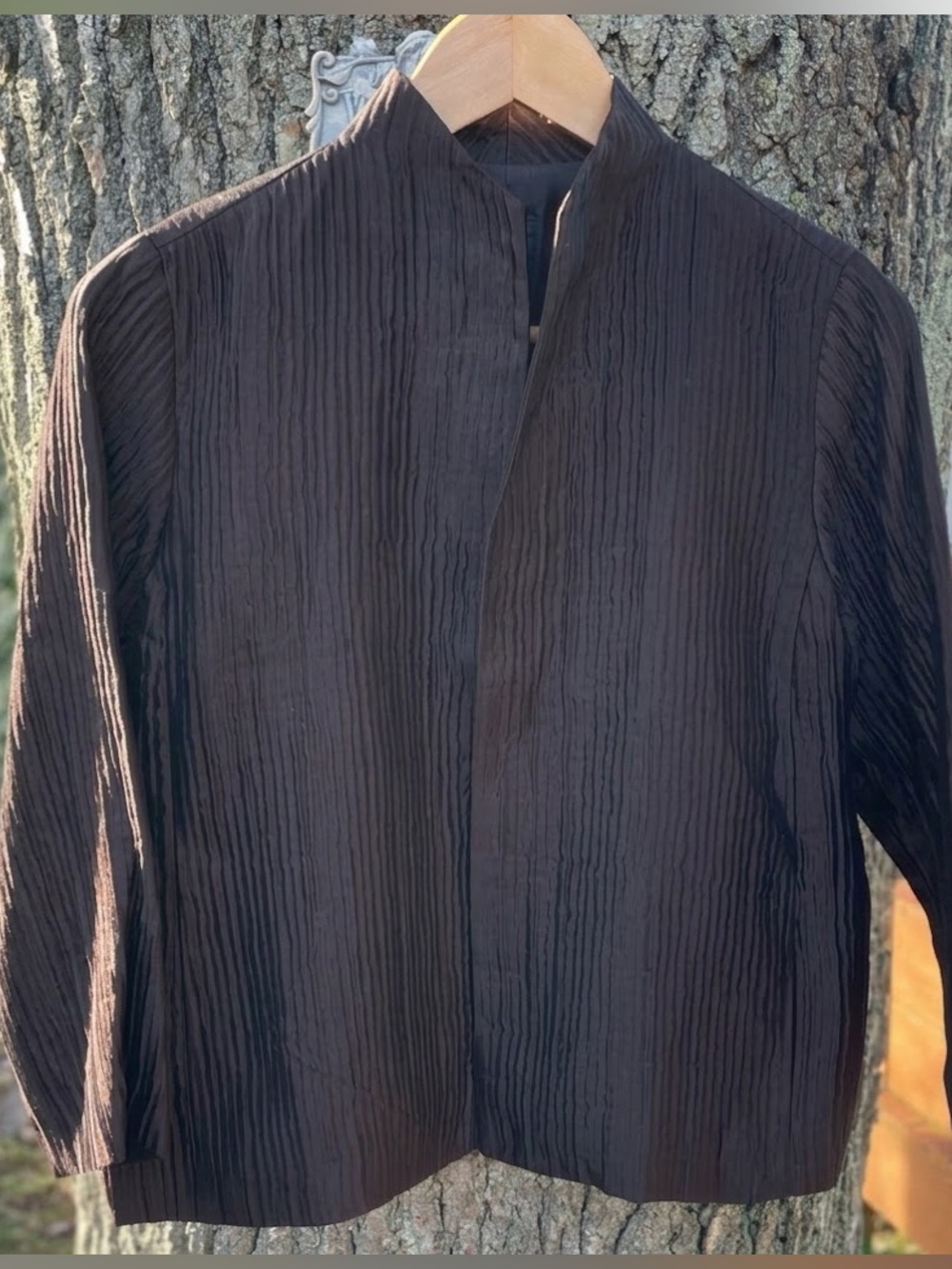 Eileen Fisher Silk Crinkle Pleated Open Front Jacket Brown Petite Small